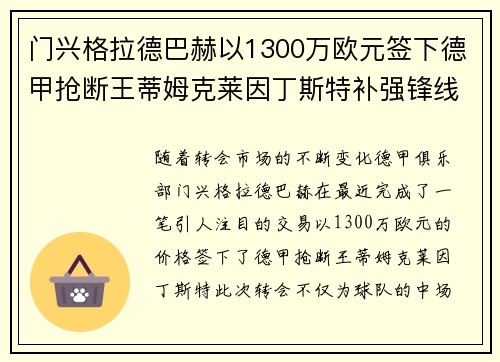 门兴格拉德巴赫以1300万欧元签下德甲抢断王蒂姆克莱因丁斯特补强锋线