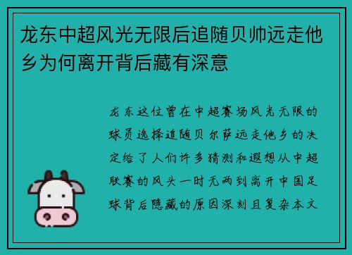 龙东中超风光无限后追随贝帅远走他乡为何离开背后藏有深意
