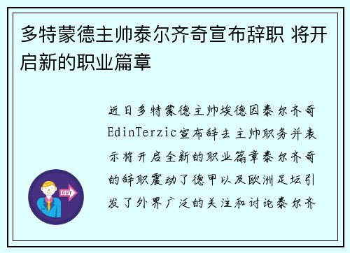 多特蒙德主帅泰尔齐奇宣布辞职 将开启新的职业篇章